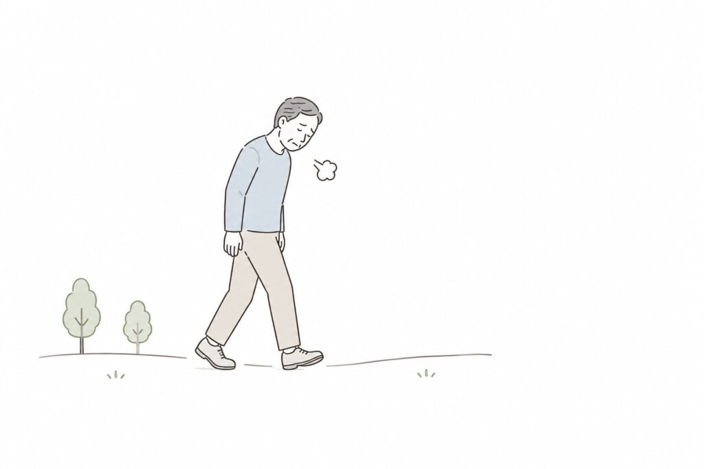 疲れを感じながら歩く50代男性